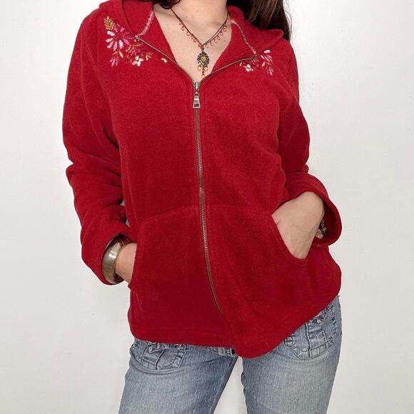 The cutest red fleece y2k floral embroidered zip up - Picture 2 of 6